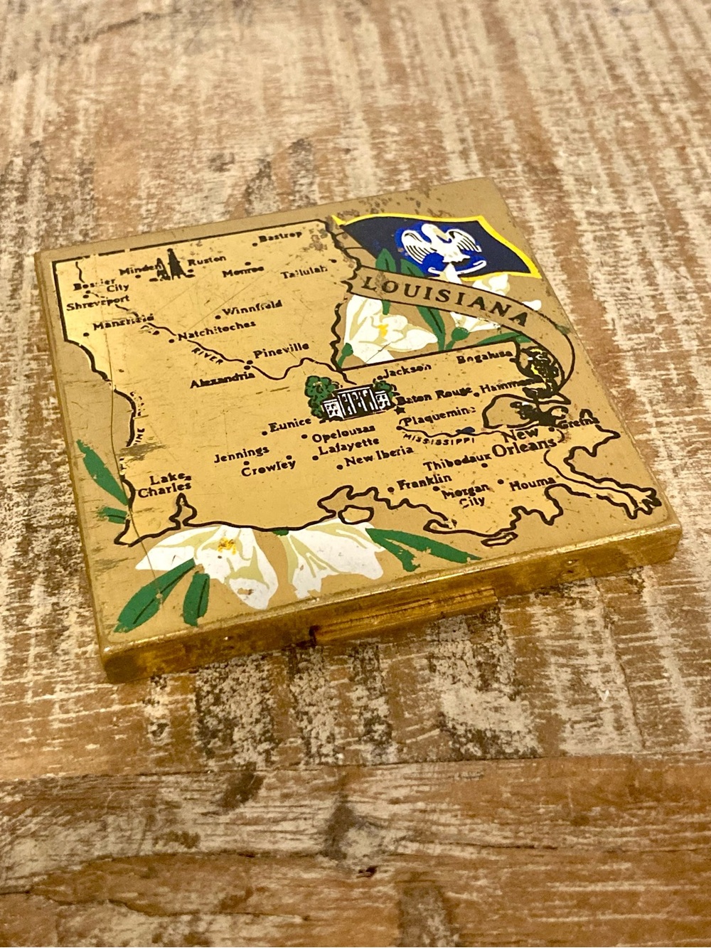 Vintage Louisiana State Map Makeup Compact Elgin American Gold Tone Made in USA